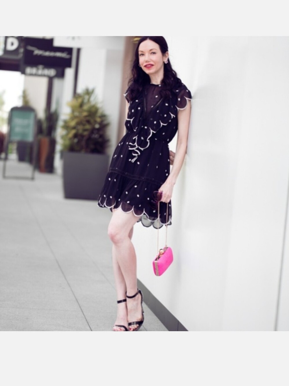 Polka Dot Scalloped Hem Mini Romper - Black